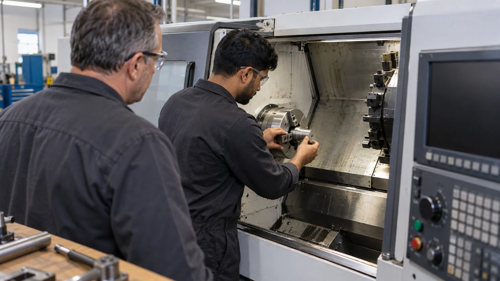 Machine operator candidate seats a metal workpiece in a CNC lathe chuck while an assessor observes