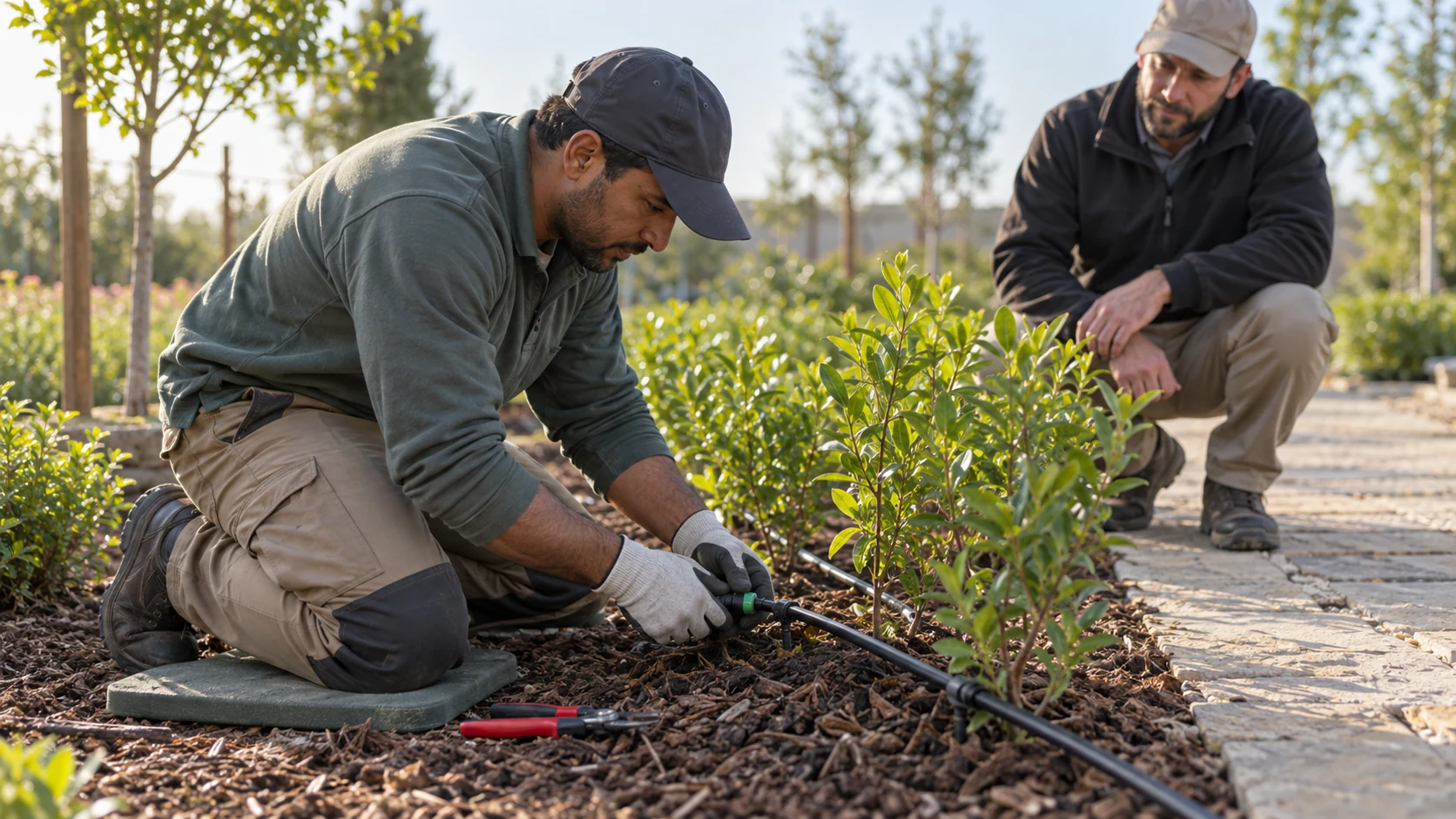 Landscape worker connects a drip-irrigation line among shrubs while a supervisor observes