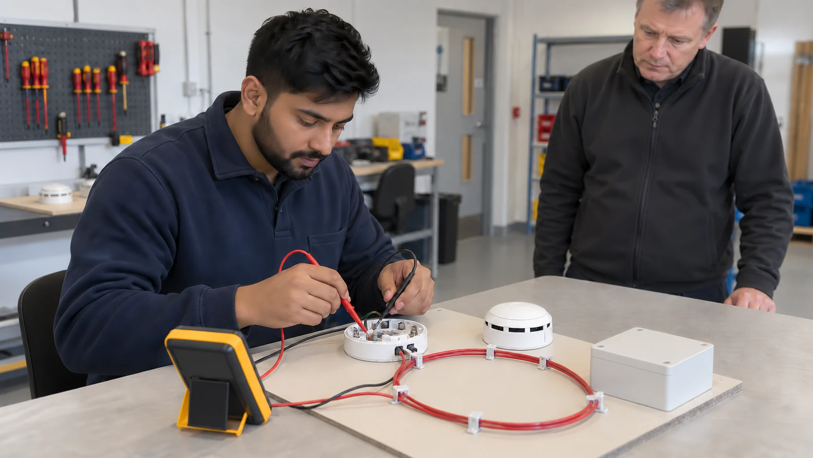 Fire alarm technician candidate tests smoke-detector base wiring with a multimeter while an assessor observes