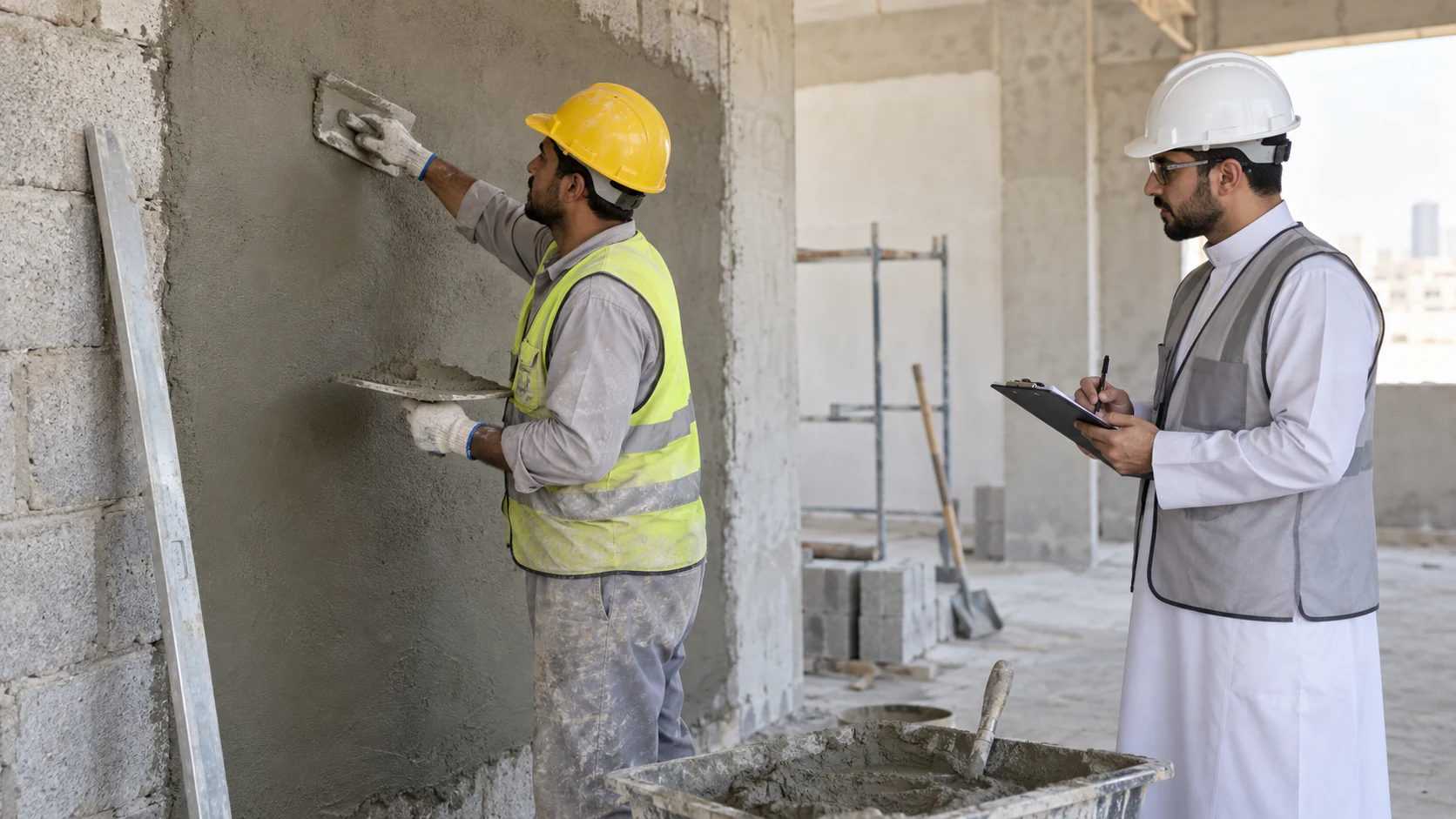 Plasterer candidate smooths wet render on a block wall while an assessor records observations