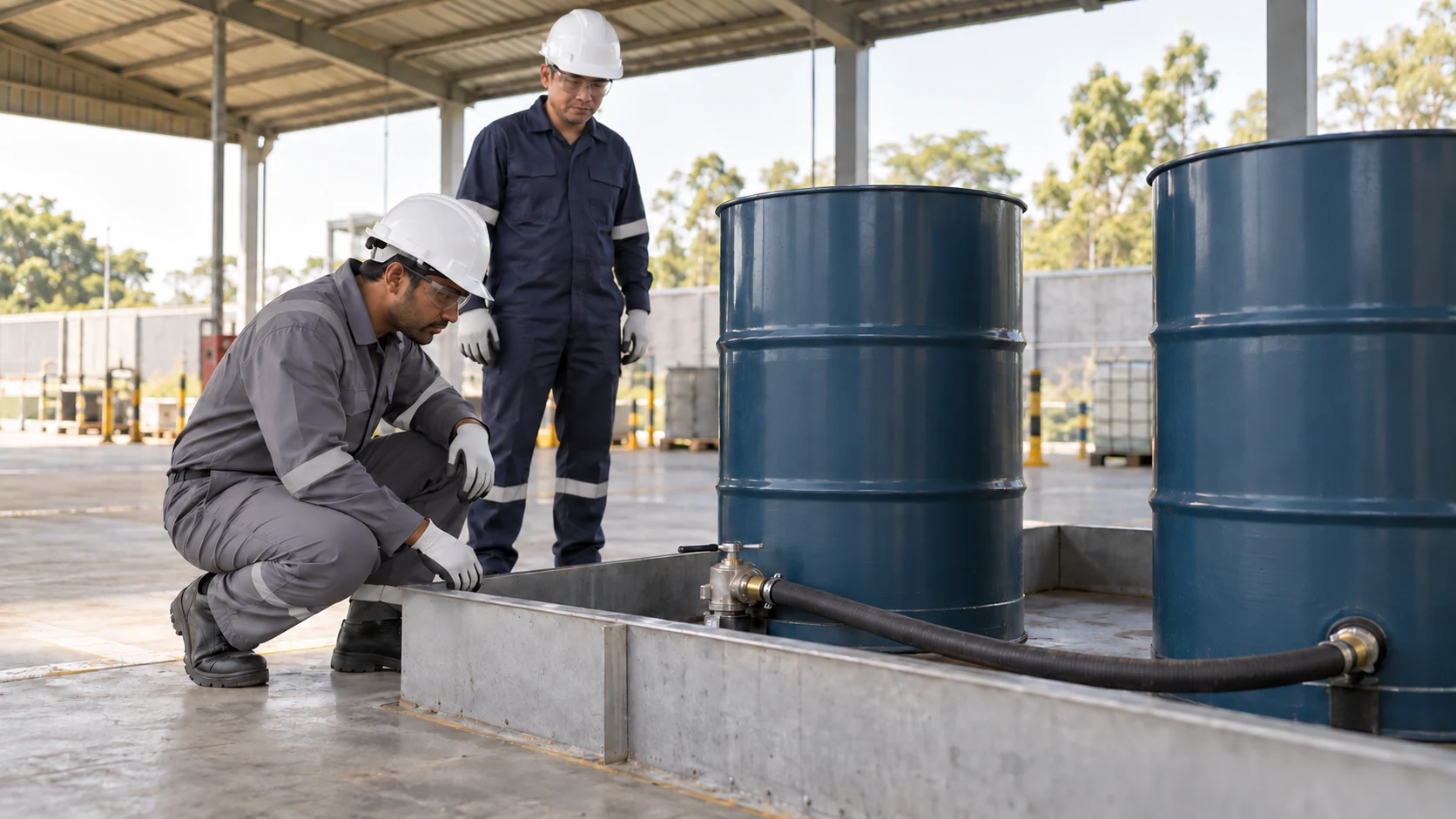 HSE officer candidate inspects drum containment and a transfer hose while a supervisor observes