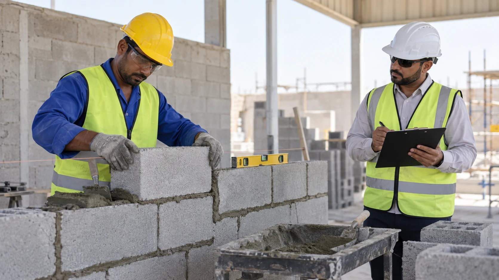Block mason candidate places a concrete block along a string line while an assessor records observations