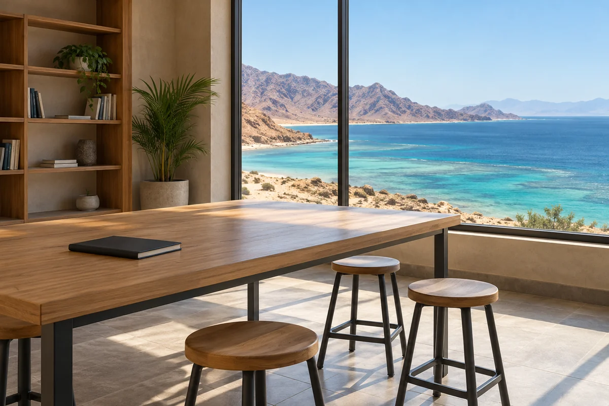 Empty study room with a closed notebook and a view of the Red Sea coast