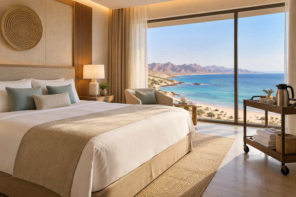 Neatly prepared empty resort guest room beside the Red Sea shoreline