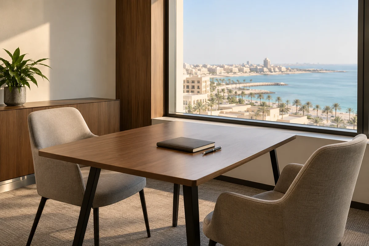Two empty chairs and a closed notebook in a coastal interview-preparation room