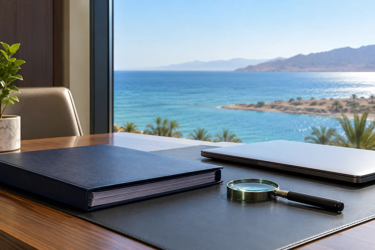 Closed file, magnifying glass and closed laptop on an empty coastal document-checking desk